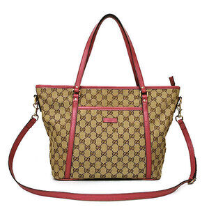 Gucci Strap Tan Beige Tote Canvas Bag GG Pink